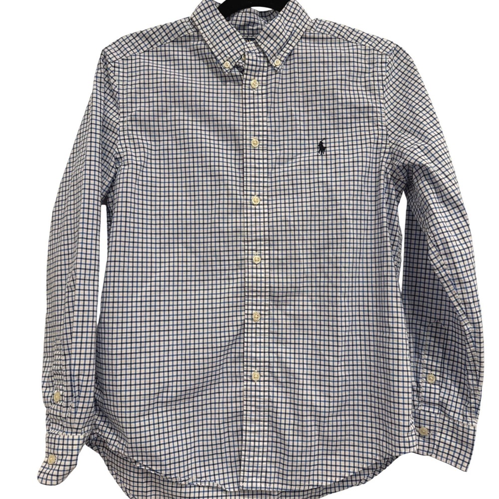 Polo Ralph Lauren Boys Blue Check Natural Stretch Button Down Shirt L 14-16